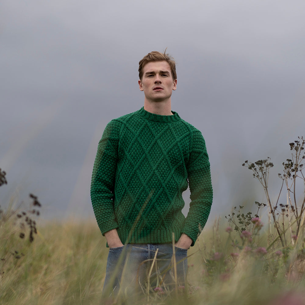 Green Irish Knit Men's Sweater With Diamond Stitch Detail