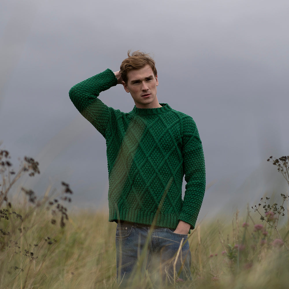 Green Irish Knit Men's Sweater With Diamond Stitch Detail