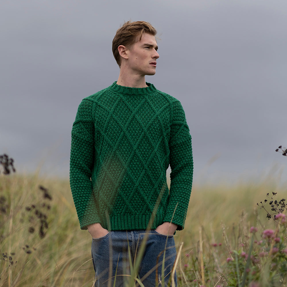 Green Irish Knit Men's Sweater With Diamond Stitch Detail