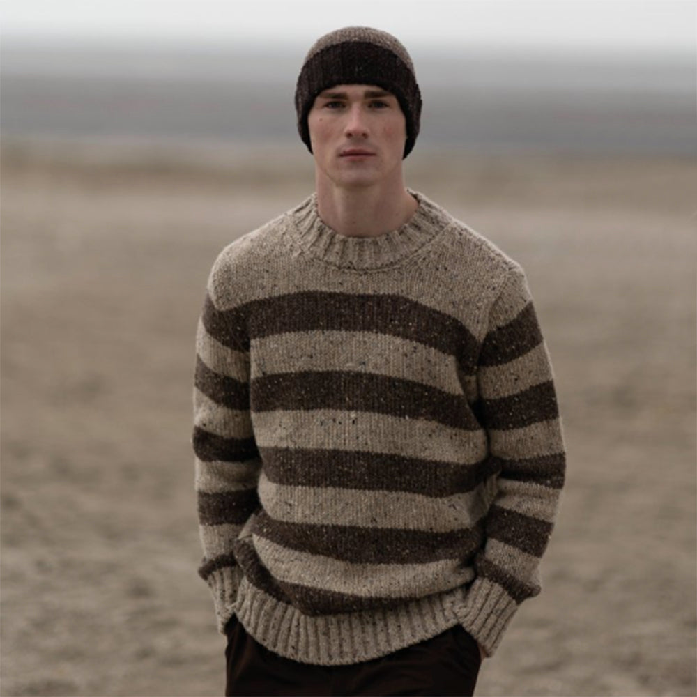 Mens irish Knit Wool Stripe Sweater Oatmeal 