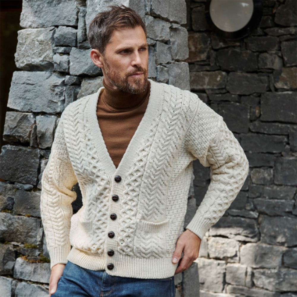 Irish Aran V-Neck Cardigan Natural