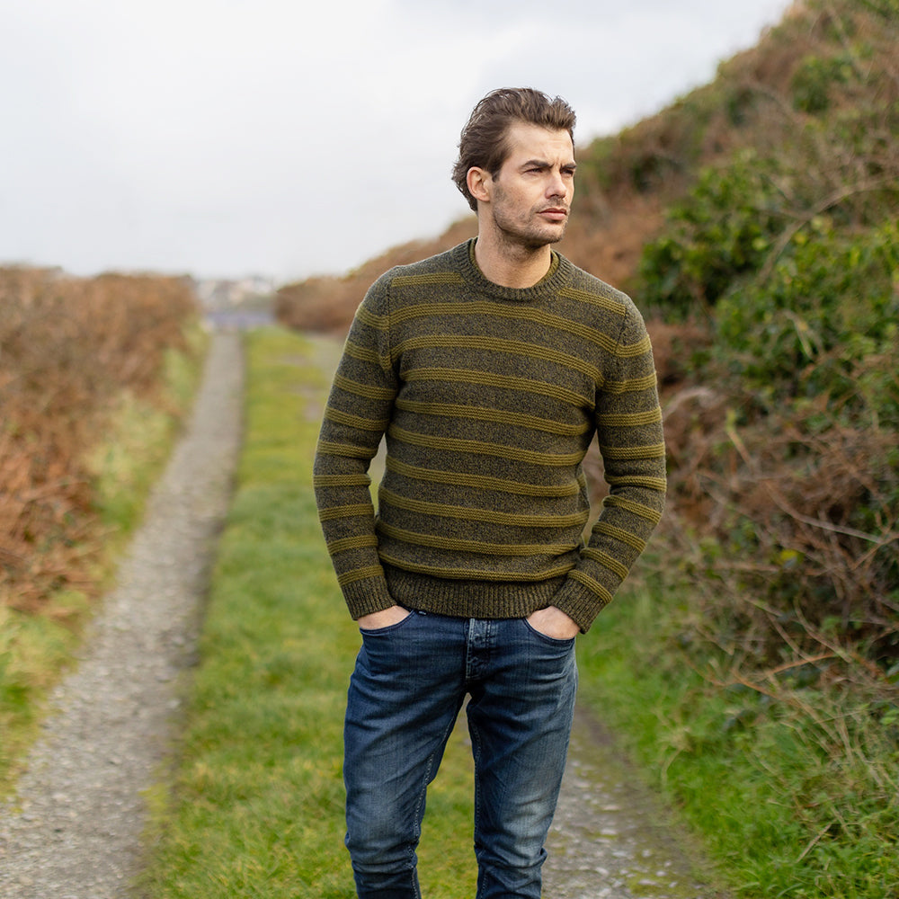 Mens Green Stripe Irish Wool Sweater