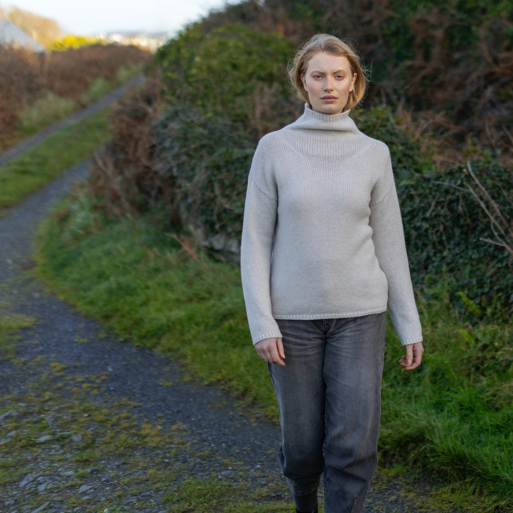 Irish Knit Funnel Neck Grey Sweater